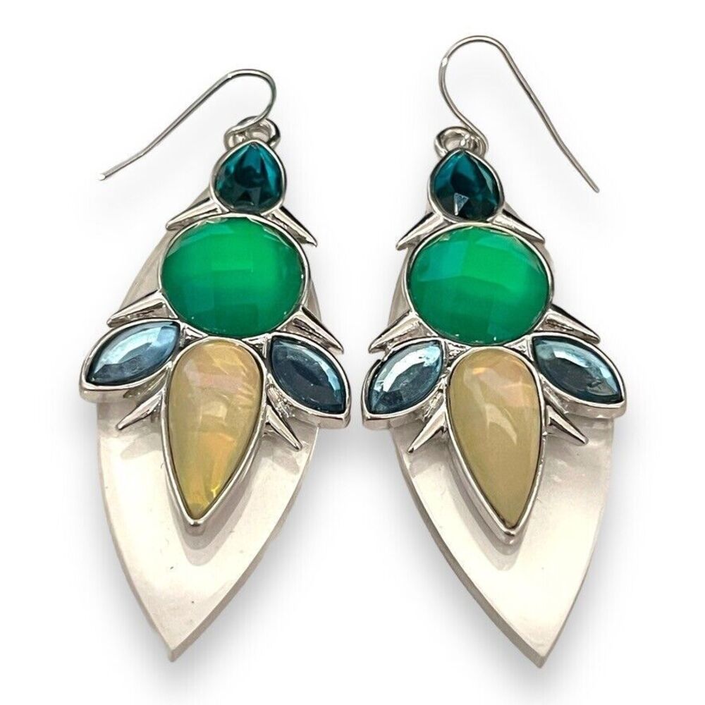 New Statement Drop Earrings Green Blue Lucite Silver Tone - 3B